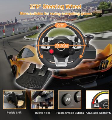 Ігрове кермо DuLingKer з педалями та перемиканням передач, 270° для PC/PS4/Switch/PS3/Xbox One/Xbox 360/Android TV, кермо для перегонів з вібрацією, зворотним зв'язком