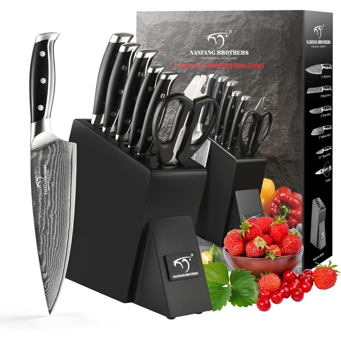 NANFANG BROTHERS 18-Piece Damascus Kitchen Knife Set with Hammered Handles & Wooden Block - Premium Quality