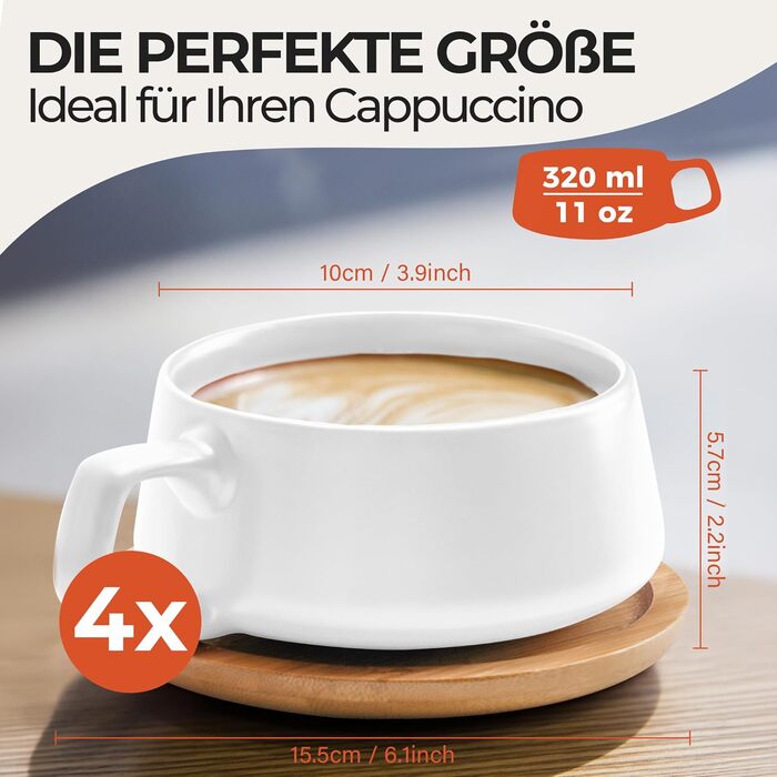 MIAMI - Set of 4 x 320 ml Coffee Cups/Cappuccino Cups with Saucers/Elegant/Modern/Coffee Cups made of Stoneware - Luxe Collection 4-Piece Set (White)