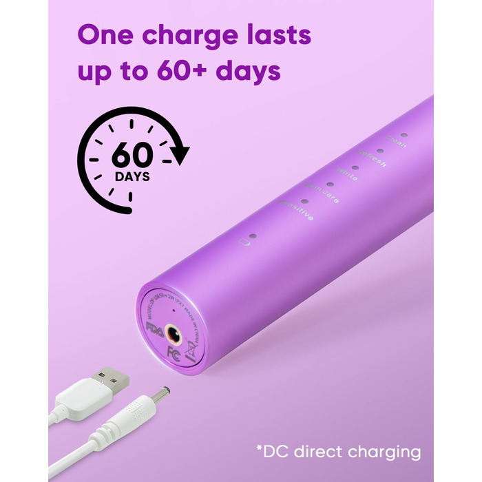 Електрична зубна щітка MySmile DY156 для дорослих, акумуляторна звукова щітка, портативна з 3 насадками, таймер 2 хвилини, 5 режимів, 45000 вібрацій на хвилину, 60 днів роботи від одного заряду, 1 шт. (фіолетова)