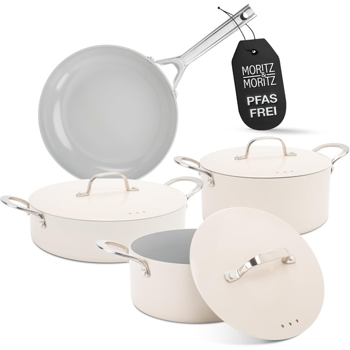 Moritz & Moritz 7-Piece Aluminum Cookware Set with Lids, Induction Compatible, including 2x Sauce Pots with Lids, 1x Serving Pan with Lid, and 1x Induction Frying Pan. Induction Cookware Set for all Cooktops, Cream color.