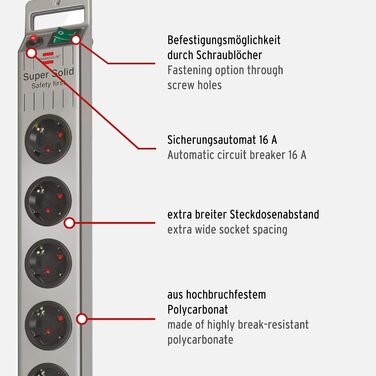 Многорозеткова смуга Brennenstuhl Super-Solid 8-фазна з вимикачем, 2.5м кабель, ударостійкий полікарбонат, срібляста