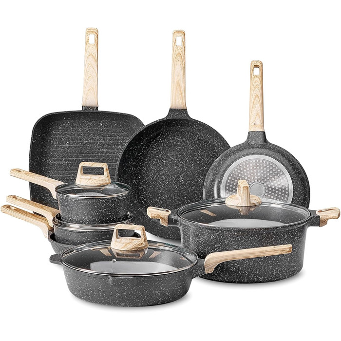 Набір посуду VEVOR індукційний 19 предметів з кришками, антипригарне покриття, для плити, кухні, кемпінгу - чорний