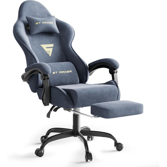 Геймерське крісло Ferghana Ergonomischer з підголівником та підтримкою спини, сталево-синій, для роботи та ігор, тканинне, високої якості