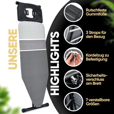 Прасувальна дошка Avieto XXL 124x43 см для парогенератора та праски | 5-шарове покриття, відбиття тепла, GlideCharge & Park Place