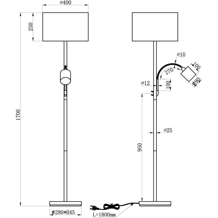 Стельова лампа Trio Leuchten Hotel 403900211, металевий нікель матовий, сірий тканинний абажур, комплектація: 1x E27 + 1x E14, 60 Вт