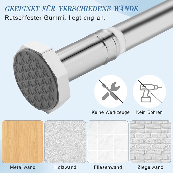 Регульована телескопічна штанга DEWEL 70-120 см (без свердління) для штор та душової кабіни, срібна