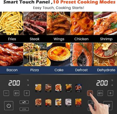 Фритюрниця повітряна KAITOL Dual Zone 10L, 2400W з подвійними зонами, 10 програм, цифровим дисплеєм, антипригарним покриттям, функціями розморожування та випікання, чорного кольору