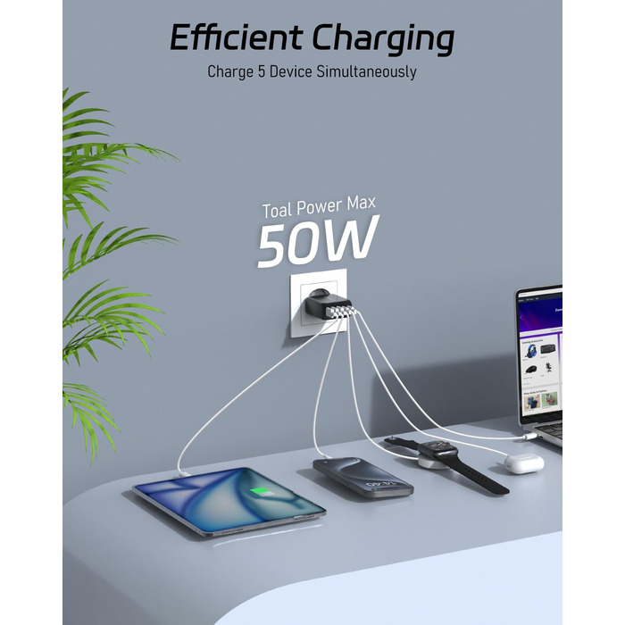 Мережевий адаптер USB C 50W 5 портів (2 USB C + 3 USB A) для iPhone, iPad, Samsung Galaxy, Google - білий/чорний