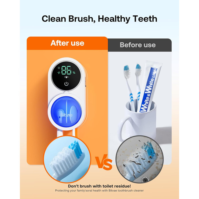Toothbrush Cleaner, Cleaning and Air Drying, LED Smart Screen, Rechargeable Wall Mount, White