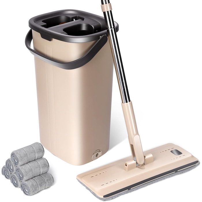 Mop Set with Bucket, Masthome Floor Mop Set with Adjustable Stainless Steel Handle, Bucket with Mop and 6 Microfiber Mop Pads, Cleaning Set with Floor Mop for All Floor Types Floor Cleaning