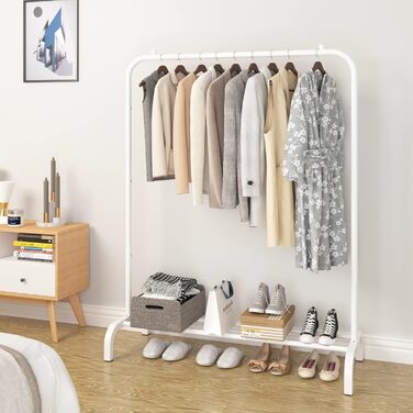 MOYIPIN Metal Clothes Rack, Single Rod Portable Clothes Hanger Rack, Clothes Stand for Bedroom, Balcony 110.5 cm, White