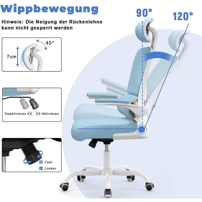 Ергономічне крісло Rattantree для офісу: регульована підголовник, підлокітники, підтримка попереку, поворотне, блакитне