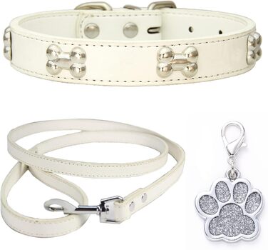 Нашийник для собак з натуральної шкіри та поводок-комбінований набір. Регульований нашийник для цуценят та собак маленьких та середніх порід. Білий, XS, S, M