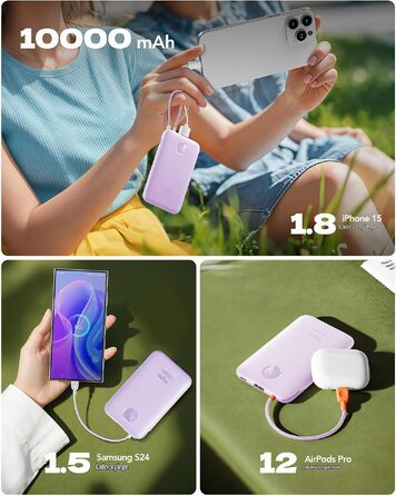 Повербанк VIYISI 10000mAh ультратонкий із вбудованим кабелем USB-C, фіолетовий
