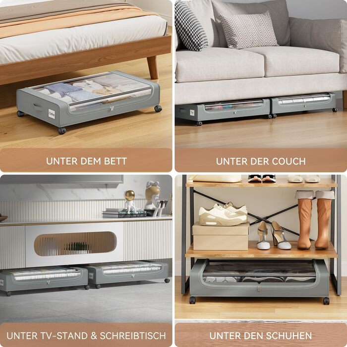 Коробки для зберігання під ліжко PHINOX з роликами, сірі, 2 шт (74x42x16 см) - коробки-органайзери для одягу, взуття, іграшок з прозорою кришкою