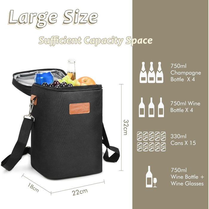 Kato Tirrinia Insulated Wine Cooler Bag, 4 Bottle Cooler Bag Wine Bag Beverage Bags with Handle and Adjustable Shoulder Strap, Gift for Wine Lovers for Picnic, Party, Beach (Cooler for 4 Bottles - Black)