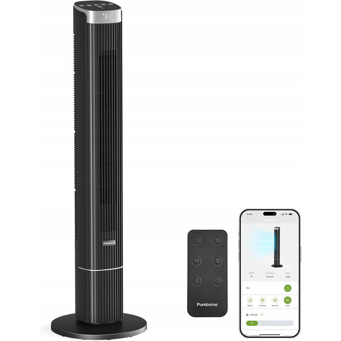 Безшумний вежаний вентилятор Pureborne 102 см, поворотний на 90°, з пультом та підтримкою додатка