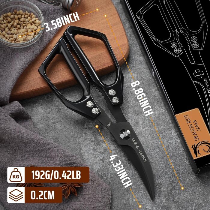 Набір кухонних ножиць DRAGON RIOT чорного кольору: професійний набір з ножицями для морепродуктів та кухонними ножицями, гострі японські ножиці для м'яса, крабів, креветок, омарів, трав та приготування їжі