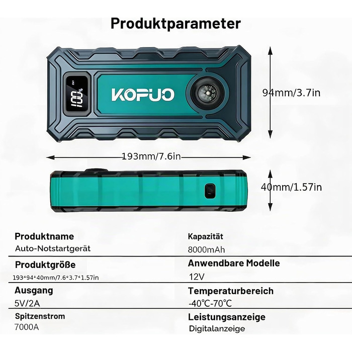 Пусковий пристрій (бустер) 7000A з компресором для автомобілів 12В, Powerbank для авто (Блакитно-зелений)