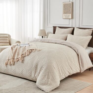 Богемна постільна білизна Boho 135x200 бежевого кольору з туфетою, геометричний візерунок, мікрофібра, комплект 2 шт. (135x200 + 80x80)