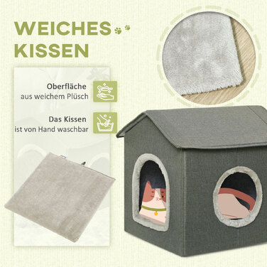 PawHut Cat Cave House Shape with Washable Cushion, Cozy Cat Snuggle Cave with Two Doors, 39 x 43.5 x 40.5 cm, Grey