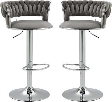 Adjustable Velvet Bar Stools 2-Pack with Backrest & Armrests - Ergonomic Swivel Bar Stools with Handwoven Velvet & Gold Legs for Kitchen Island, Bar, Restaurant - Includes Footrest (Silver, Grey)