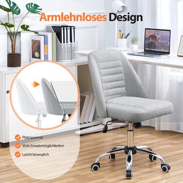 Офісне крісло Yaheetech без підлокітників, обертове з роликами, регульоване по висоті, для роботи та макіяжу (сірий, тканина)