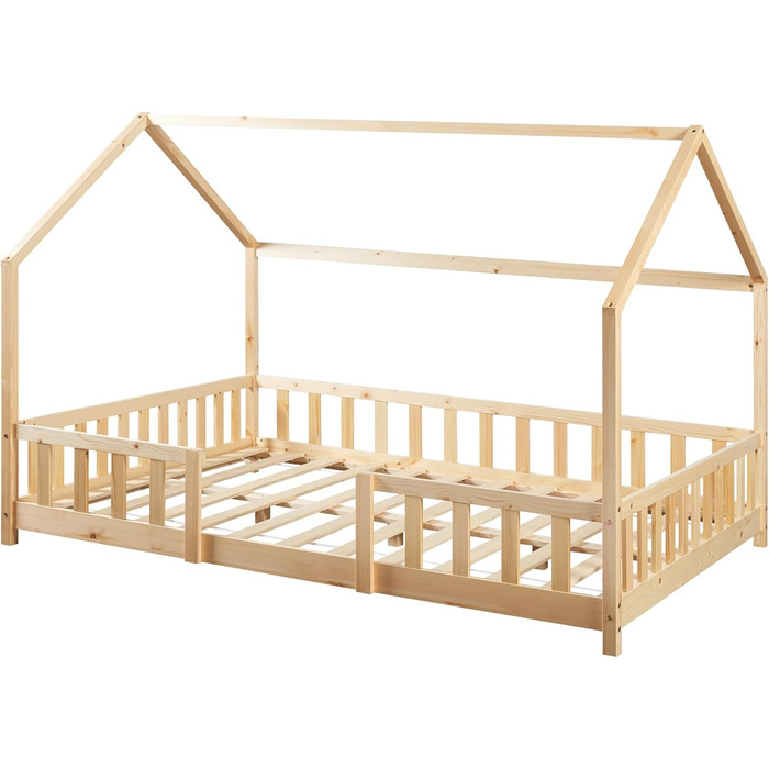 en.casa Kids Bed Sisimiut House Bed 140 x 200 cm with Side Rails Wooden Bed for Children Floor Bed Slatted Frame Pine Wood Wood Finish Wood 140x200cm