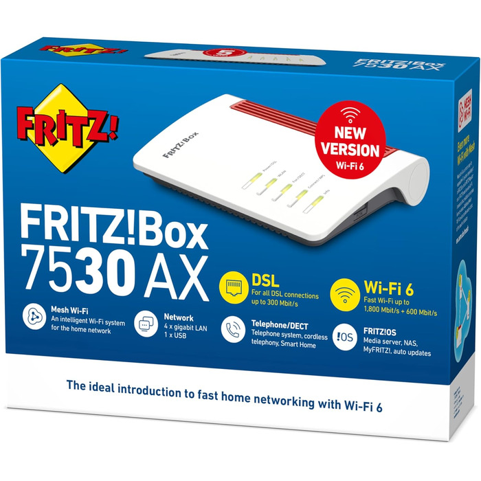 Роутер FRITZ!Box 7530 AX International Wi-Fi 6 DSL - Підтримка DSL/VDSL, Mesh, DECT, Media Server, для Австрії/Швейцарії