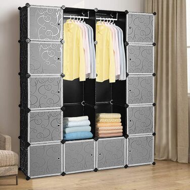 Regalsystem Shoe Rack Set of 20 Cubes, Plastic Closet with Doors, Plug-in Shelf, DIY Cube Shelf, Modular Storage Combination Cabinet for Clothes, Shoes, and Books, Black