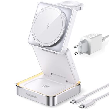 Зарядний пристрій 3-в-1 для Apple Watch та iPhone, MagSafe, складна підставка, бездротовий заряд для AirPods Pro/3/2, білий