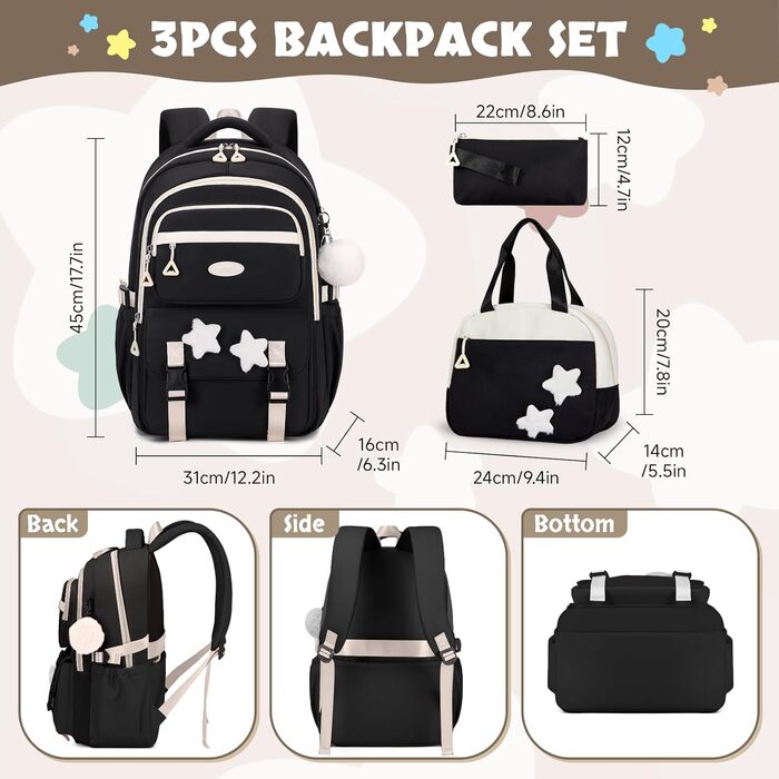 Набір шкільних рюкзаків для дівчаток Lässig: 3 шт. (рюкзак, ланчбокс, пенал) для 2-5 класів. Чорний шкільний рюкзак для підлітків та дітей.