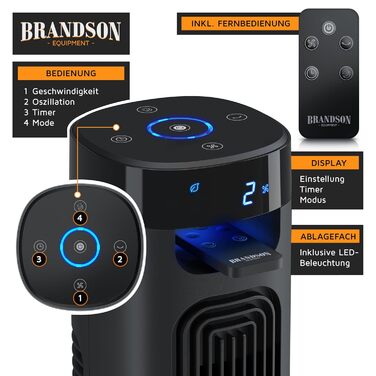 Вентилятор підлоговий Brandson з LED дисплеєм та пультом дистанційного керування - 3 швидкості, поворотний, надтихий