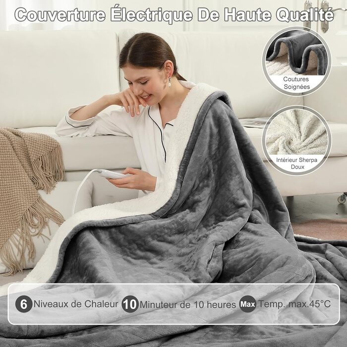 Електрична ковдра COZYTY 150x200 см з таймером та захистом від перегріву, фланель, 6 режимів нагріву, сіра