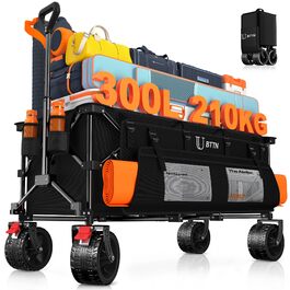 Візок садовий BTTN XXXL 300л, 210кг, чорний - складаний, з гальмами, широкі колеса 18x10 см для саду, пляжу, кемпінгу та покупок