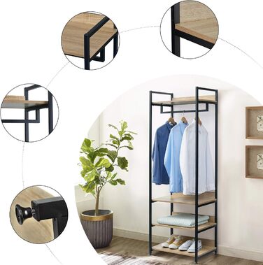 WOLTU Clothes Rack with Shelf, Open Wardrobe with Shoe Shelf, Coat Rack for Bedroom, Wood and Steel (Light Oak + Black)