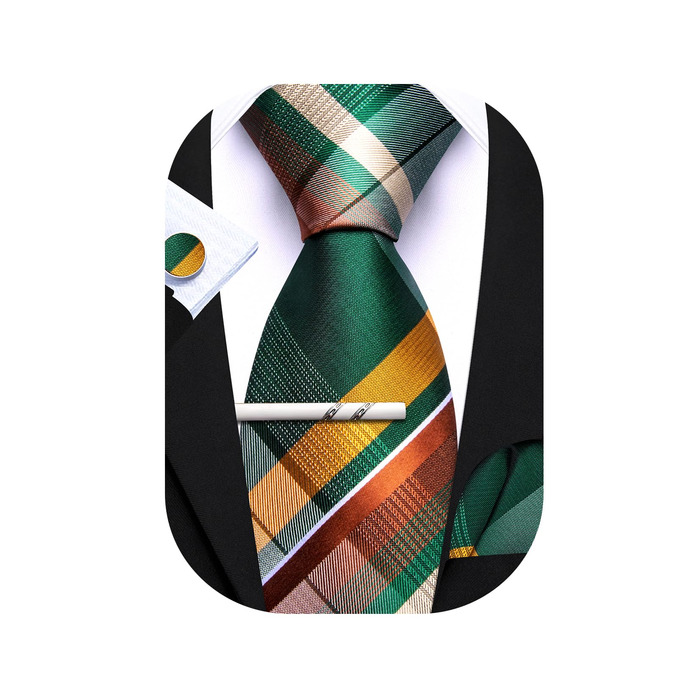 Краватка Barry.Wang в клітинку з набором для краватки (хустинка, краватка, запонки) – зелено-жовта