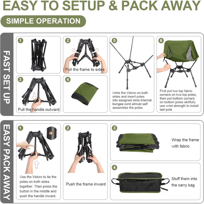 Складний туристичний стілець TOPCHANCES, 150 кг, армійний, з кишенею, дихаюча сітка для пікніків та відпочинку на природі