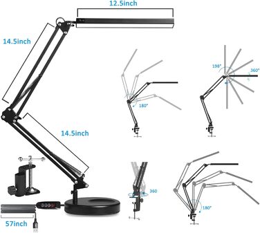SKYLEO Dimmable Desk Lamp with Clip - Eye Protection LED Task Lamp - 3 Modes & 10 Brightness Levels - Black