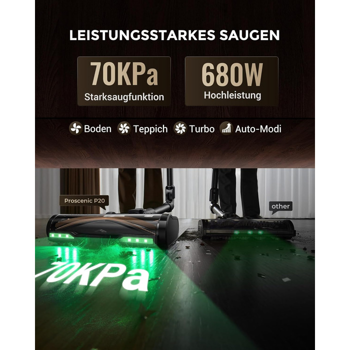 Бездротовий пилосос Proscenic P20 з функцією миття, 70KPa, 70 хв, 680W, самостійна док-станція, фільтр 6 шарів, 1,5л, для килимів та шерсті домашніх тварин, Aurum Black