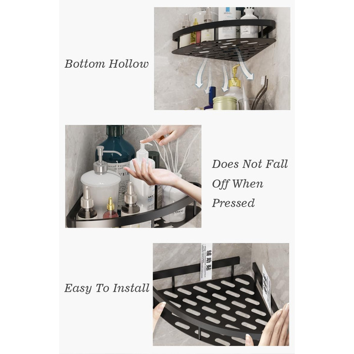 Поличка для душу JUVEL без свердління, кутова, 2 шт. Матова поверхня, захист від іржі, органайзер для душу, кухні, ванної кімнати. Легка установка (Чорний)