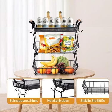 Металевий фруктовий кошик на 3 яруси з підставкою для бананів - чорний | Для кухні, обідньої зони, комори