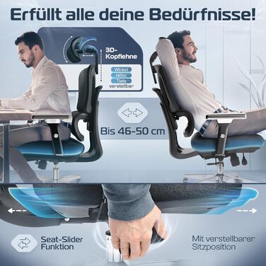 Офісне крісло Proseat Ergonomic [TESTSIEGER] - регульоване, для офісу та дому, комп'ютерне, геймінгове, чорне, до 150 кг