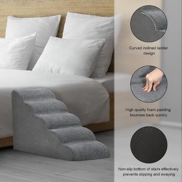 LIANTRAL Dog Stairs, 3 Steps Dog Staircase for Bed and Sofa, Made of High-Density Sponge, Cat Stairs Dog Ramp with Removable, Washable Cover and Pet Hair Remover Roller, 40 cm High (5 Steps Grey)
