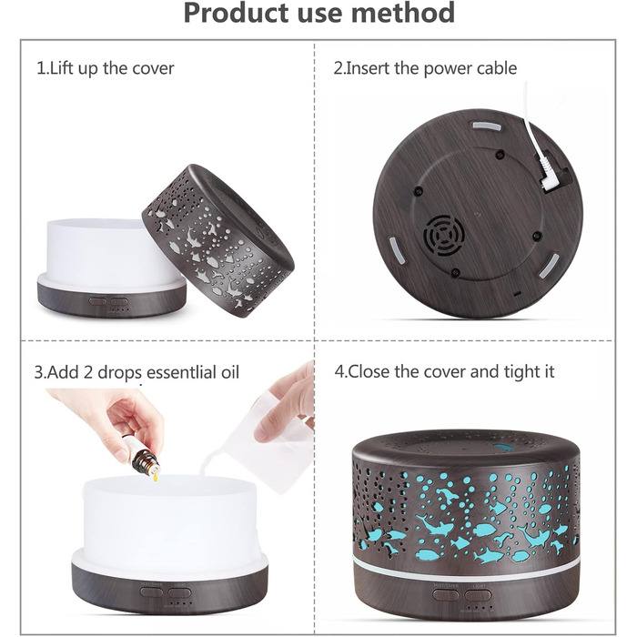Аромадифузор Hianjoo 700мл з таймером, ультразвуковий, LED, 7 кольорів, для офісу, йоги, спа, спальні - світле дерево (глибка текстура)