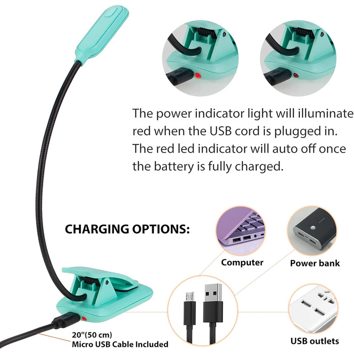 Ліхтар для читання BIGMONAT з USB зарядкою, кліпсою, 6 LED, 3 режими яскравості та колірної температури, гнучкий на 360°, синій