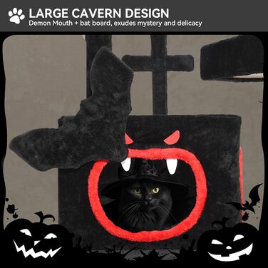 Кігтеточка YITAHOME Готичний XL, 160 см, велика та стійка, з 4 колонами з сизалю, 1 дощечкою для шліфування, гамаком, 2 підвісними кулями-павуками, платформами для сну, чорна, 48 x 60 x 160 см