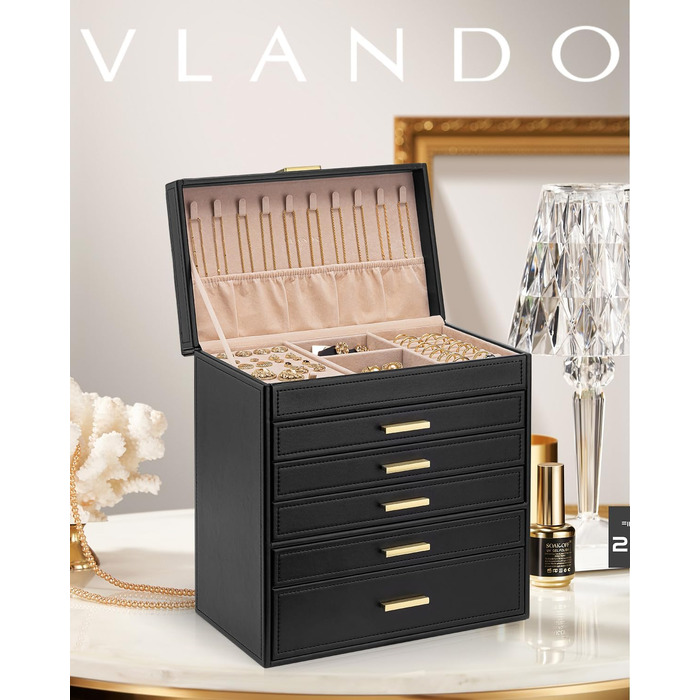 Скринька для прикрас Vlando Modern, велика, 6 ярусів, з дзеркалом та висувними ящиками, для зберігання сережок, кілець та годинників, чорна