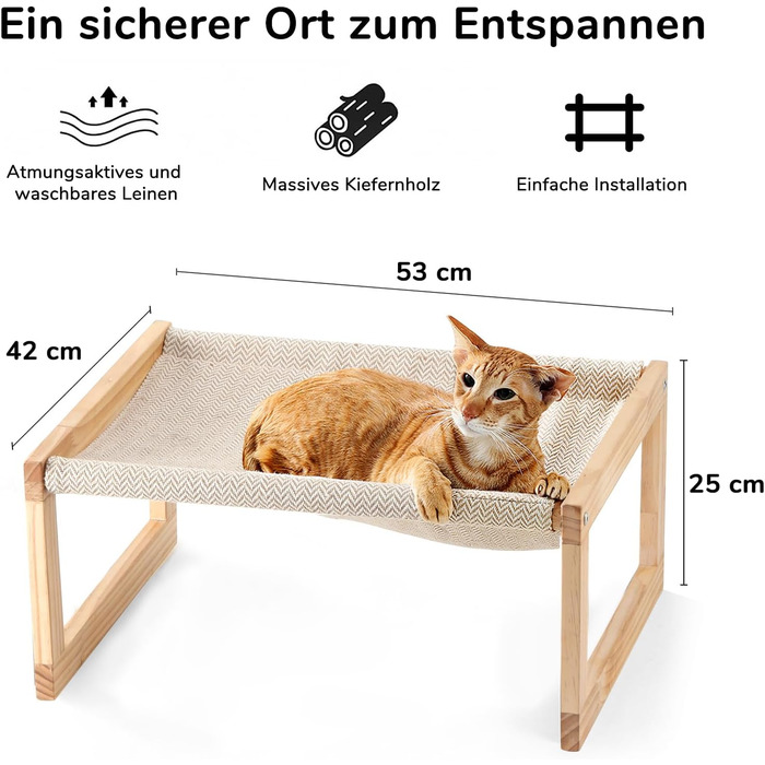 Cat bed and dog bed, elevated, large and breathable, made of high-quality birch plywood, 53W x 42L x 25H cm - ideal for cats and small dogs